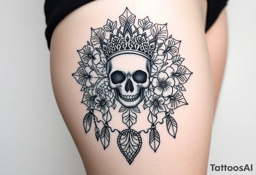 Mandala dream catcher lace with delicate skull and flowers wearing elegant crown tattoo idea