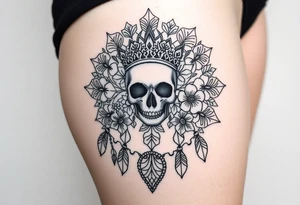 Mandala dream catcher lace with delicate skull and flowers wearing elegant crown tattoo idea