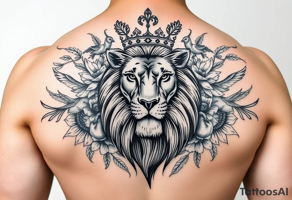 powerful majestic lion with a crown, surrounded by floral ornaments and birds tattoo idea