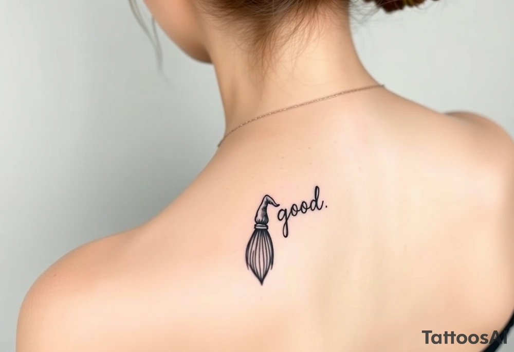Wicked broom and wand with witch hat, and lettering “for good” tattoo idea