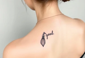 Wicked broom and wand with witch hat, and lettering “for good” tattoo idea