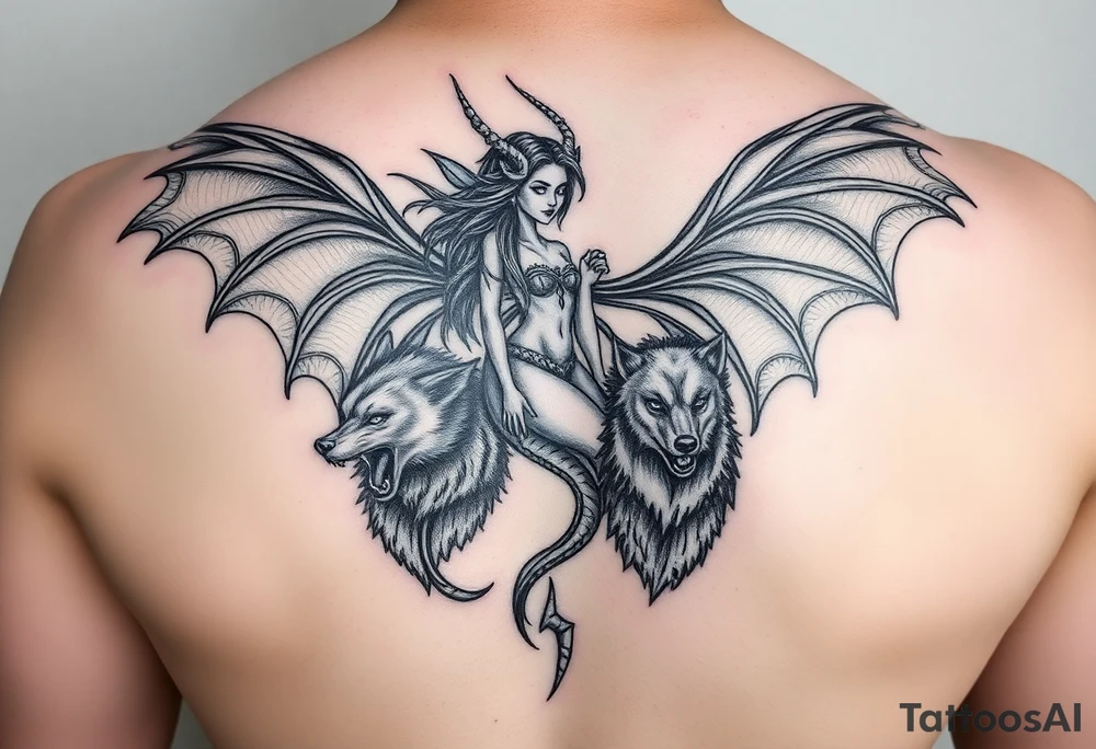 powerful fae fairy with dragons and wolves tattoo idea