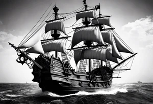 Queen Anne's Revenge pirate ship with captain Blackbeard tattoo idea