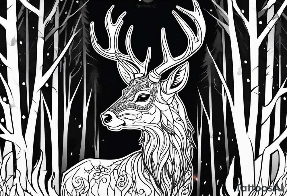 A scary terrifying horrifying zombie deer lore accurate wendigo side profile surrounded by a forest fire in background tattoo idea