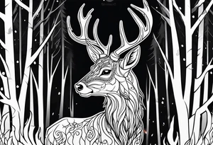 A scary terrifying horrifying zombie deer lore accurate wendigo side profile surrounded by a forest fire in background tattoo idea