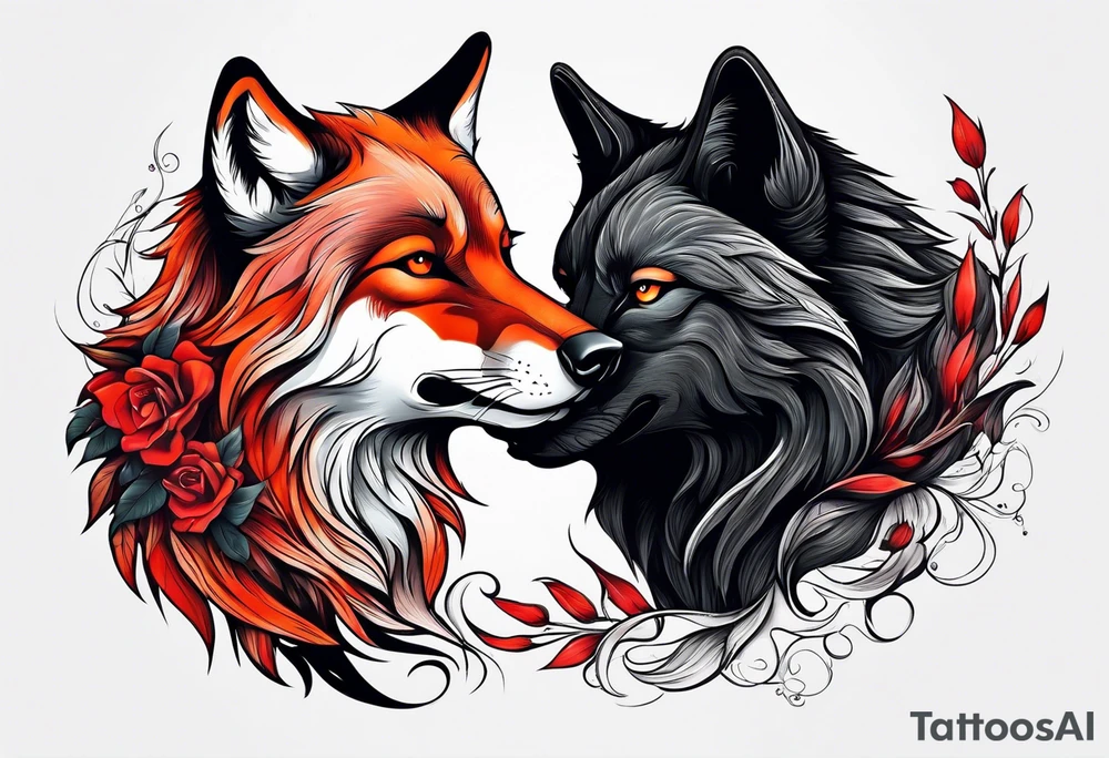Black wolf and red fox nuzzling tattoo idea