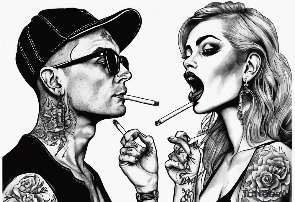 Image of a man and a woman without hats and glasses. A man with earrings in his ears stands smoking a cigarette, a woman sits with her legs wide apart tattoo idea
