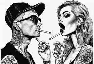Image of a man and a woman without hats and glasses. A man with earrings in his ears stands smoking a cigarette, a woman sits with her legs wide apart tattoo idea