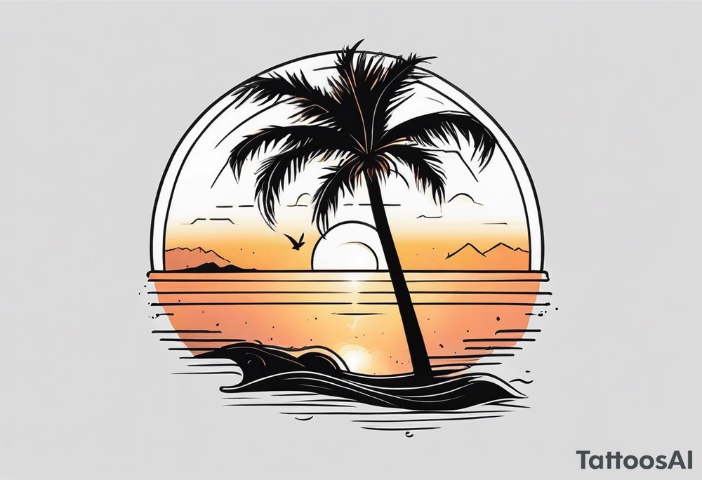 Palm tree with sunset and names in sand tattoo idea