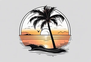 Palm tree with sunset and names in sand tattoo idea