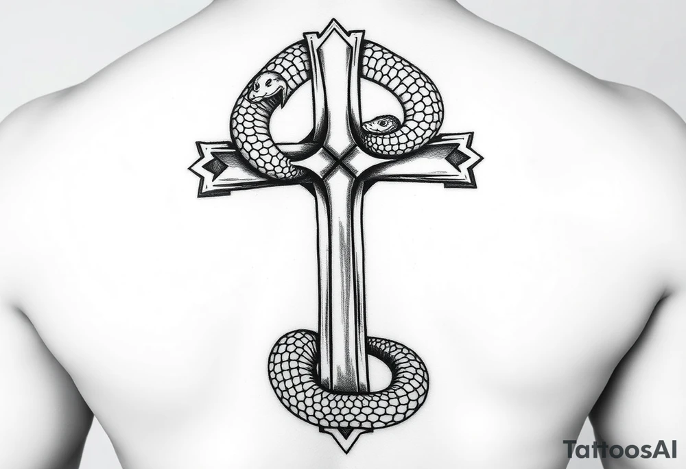 black and white drawing of a cross and a snake wrapped around it, leviathan cross, orthodox symbolism diesel punk, in hoc signo vinces, striking graphic illustration featuring a black cross engulfed by a snake, which forms an infinity loop. The snake is depicted with intricate scales and a menacing expression, coiling tightly around the vertical shaft of the cross. The overall composition is bold and simplistic tattoo idea