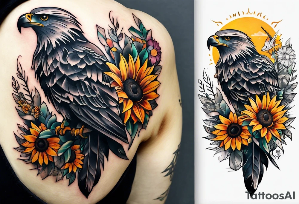 Small inside arm tattoo. Black kite (Daya's name), nature (trees/flowers), rock/metal vibe, small sunflower. tattoo idea