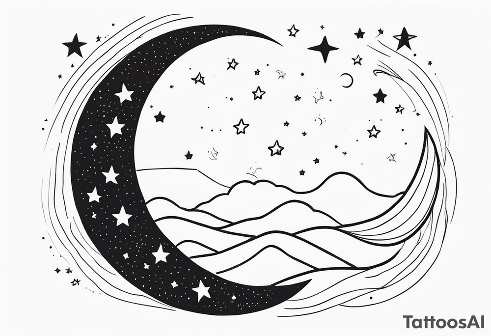 Moon and stars in line work tattoo idea