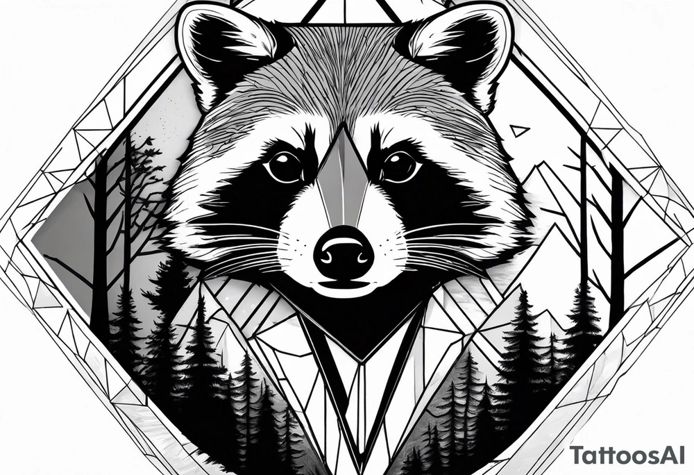 Vertical portrait of raccoon with trees in background shaped like a diamond tattoo idea