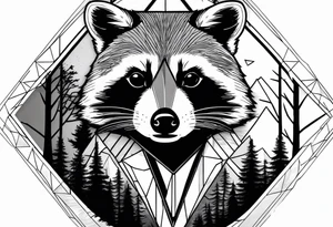 Vertical portrait of raccoon with trees in background shaped like a diamond tattoo idea