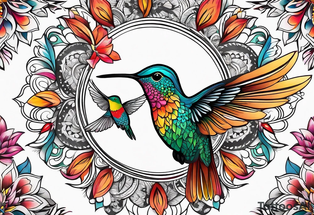 Mandala with colorful hummingbird 3d tattoo idea
