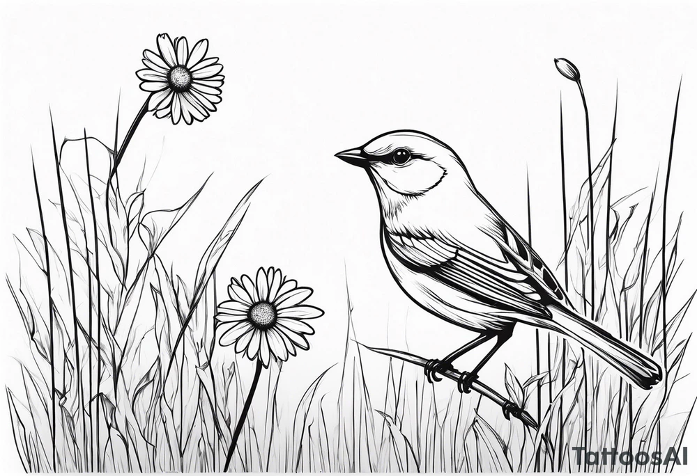 little bird perched on tall grass in a daisy tattoo idea