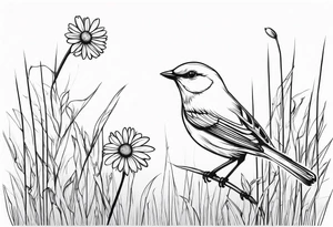 little bird perched on tall grass in a daisy tattoo idea