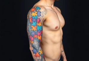 autism puzzle full color left arm sleeve completely covering full arm tattoo idea