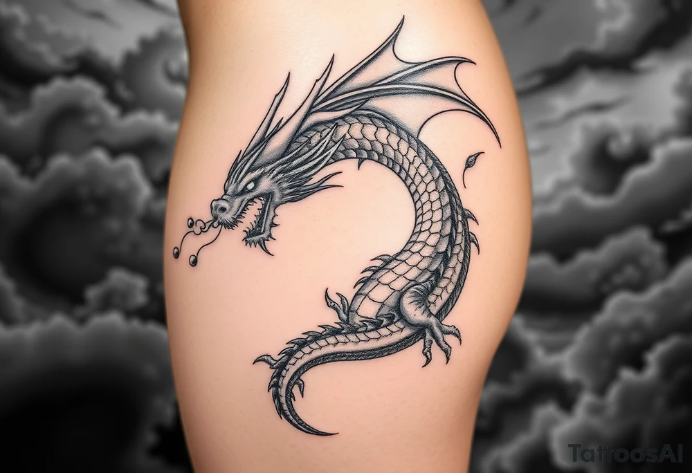 fierce dragon breathing iridescent fire against stormy skies tattoo idea