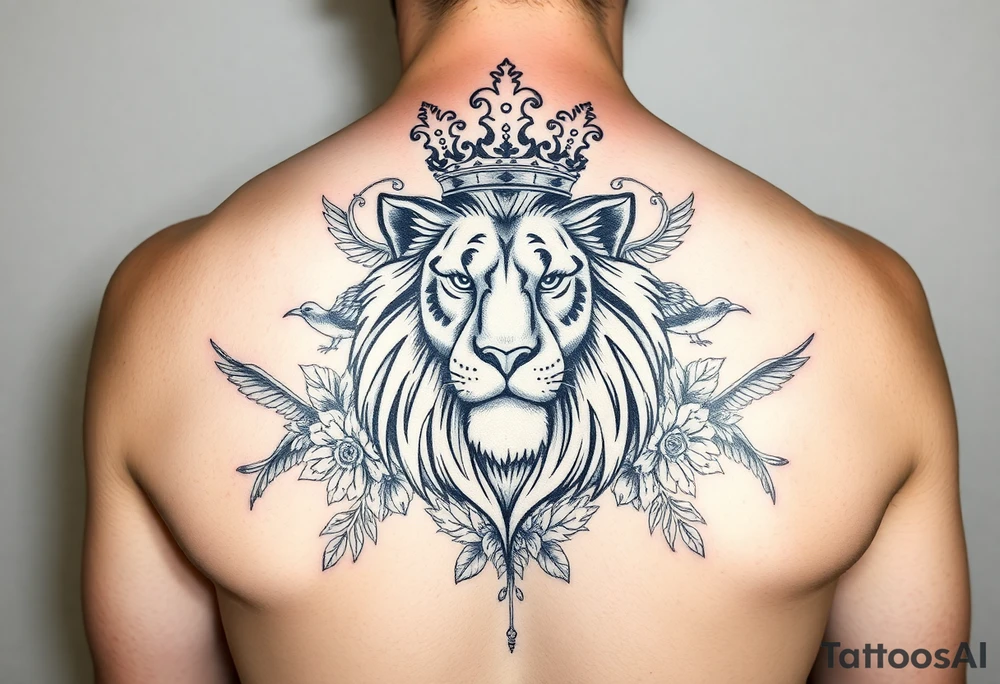 powerful majestic lion with a crown, surrounded by floral ornaments and birds tattoo idea