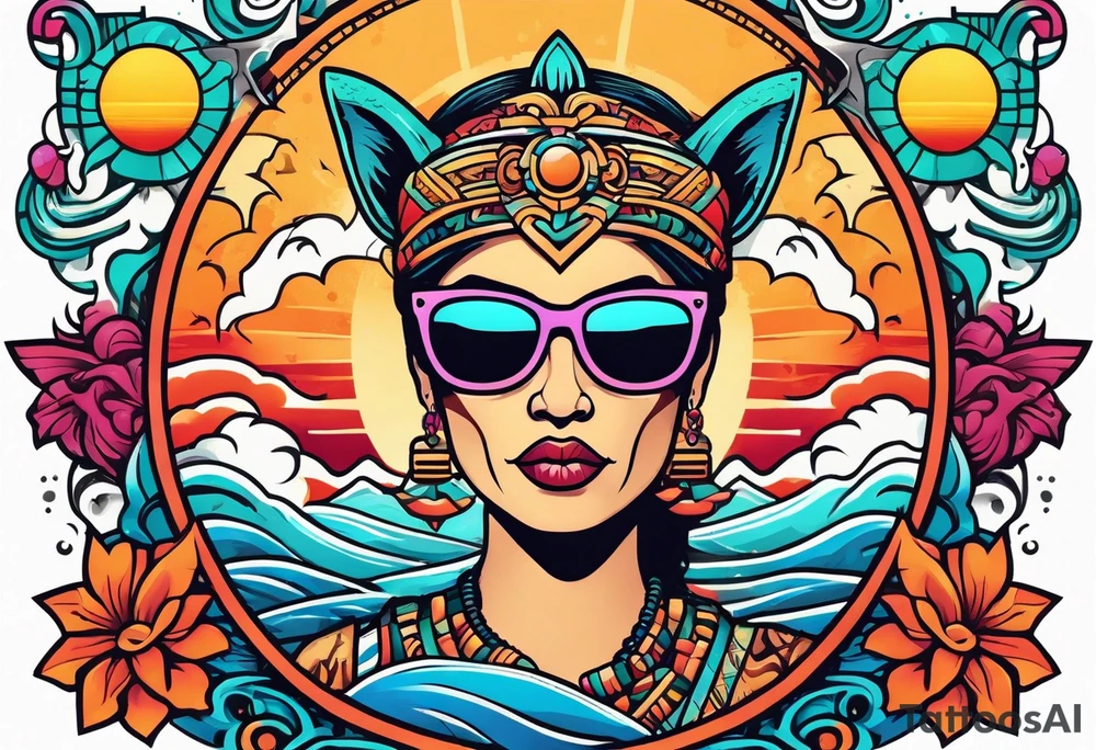 Colorful Mayan hieroglyph wearing sunglasses with ocean waves and bats tattoo idea