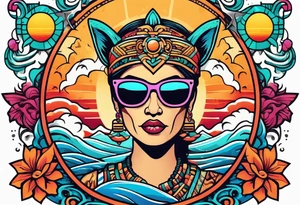Colorful Mayan hieroglyph wearing sunglasses with ocean waves and bats tattoo idea