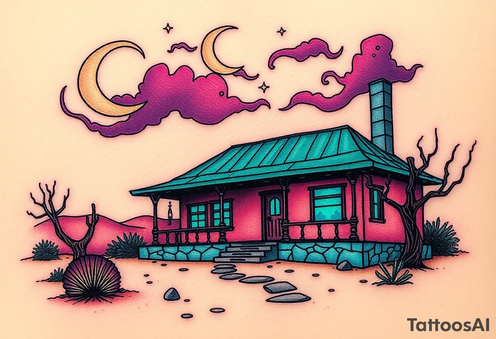 Tim Burton’s haunted desert bungalow is abandoned and dripping with muted reds, dusty pinks, and eerie green glow.purple and cyan smokey clouds swirl in the crescent moonlit sky thats sprinkled with stars tattoo idea tattoo idea