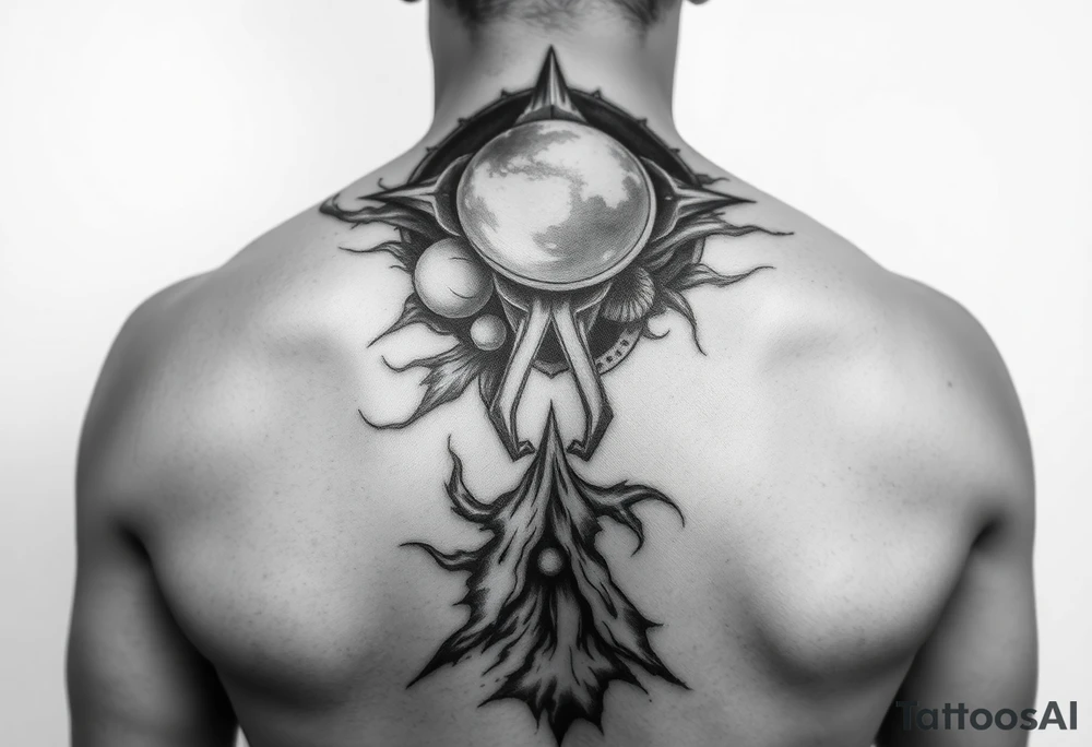 cover up tattoo inspired by the space and time that covers the upper portion of the back that bleeds into back tattoo idea