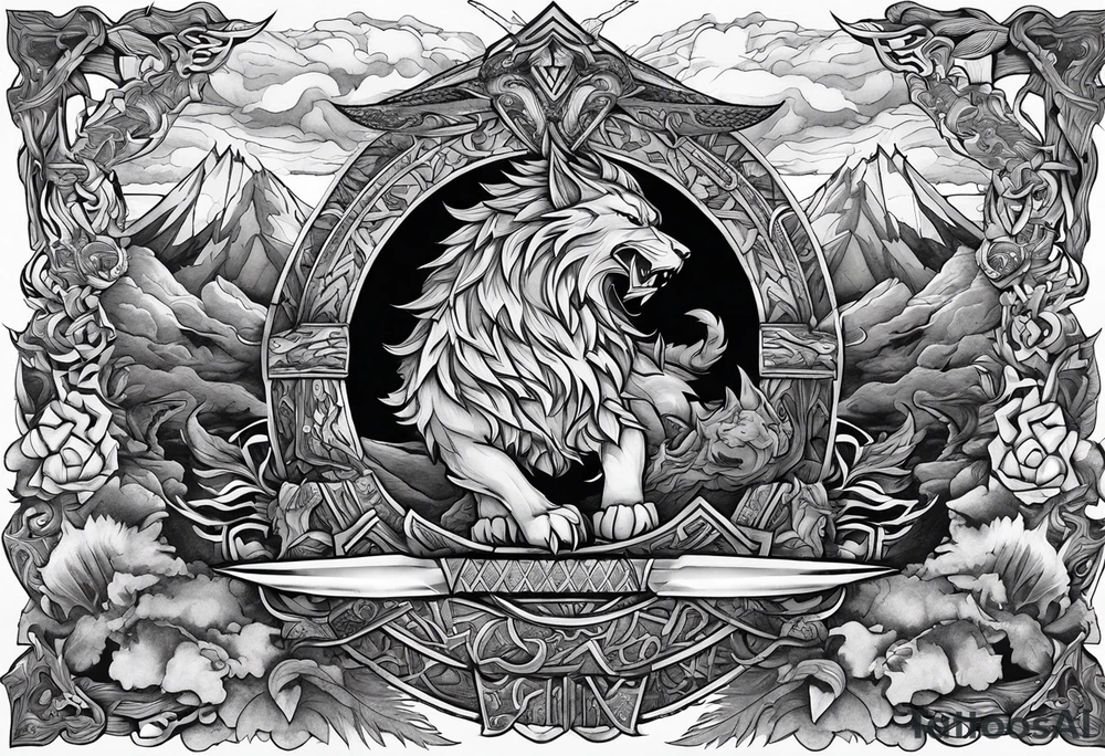 Valhalla sword shield  axe  dragon lion
Valknut  ruins lightnings tattoo idea