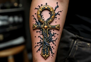 A bronze Ankh with flowing water patterns, capturing the essence of renewal and emotional depth. tattoo idea