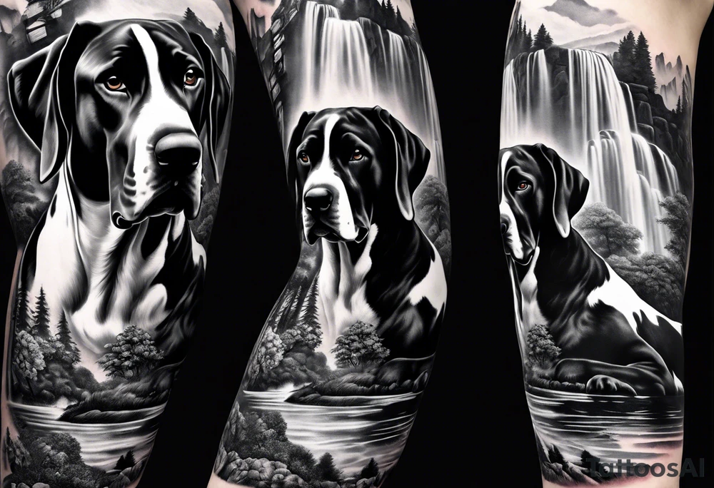 Arm sleeve- with four Great Danes in front of waterfall tattoo idea