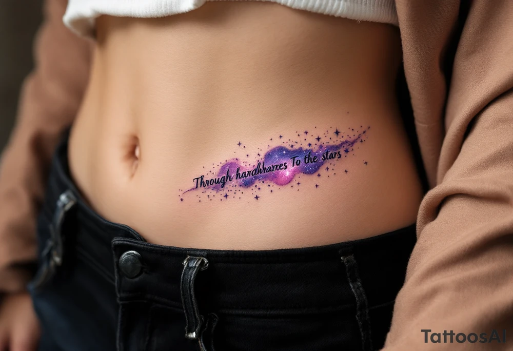 The quote “Through hardships To the stars” flows in navy ink around a violet galaxy, etched along the ribs. tattoo idea