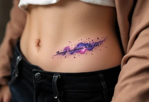 The quote “Through hardships To the stars” flows in navy ink around a violet galaxy, etched along the ribs. tattoo idea