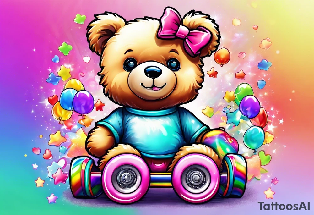 a teddy bear, wearing cute, pastel rainbow roller skates tattoo idea