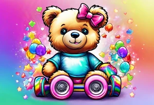 a teddy bear, wearing cute, pastel rainbow roller skates tattoo idea
