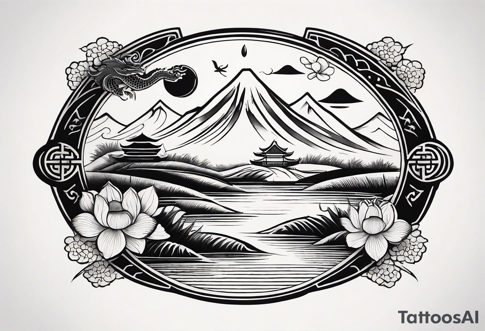 A black Vietnamese tattoo design featuring intricate depictions of sacred animals like the dragon and turtle intertwined with majestic mountains and lush rice fields. Incorporate iconic elements such as the conical straw hat floating above, surrounded by blooming lotus flowers and traditional silk lanterns. The tattoo reflects the essence of Vietnam's breathtaking nature, with swirling mist and flowing water elements woven into the composition, merging traditional artistry with a modern flair. Use a color palette that evokes the lush greens of the countryside and the warm tones of sunset. tattoo idea