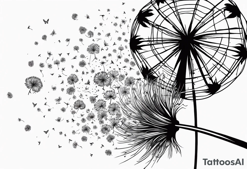 Blowing dandelion flying away , quote I want adventure in the great wide somewhere tattoo idea