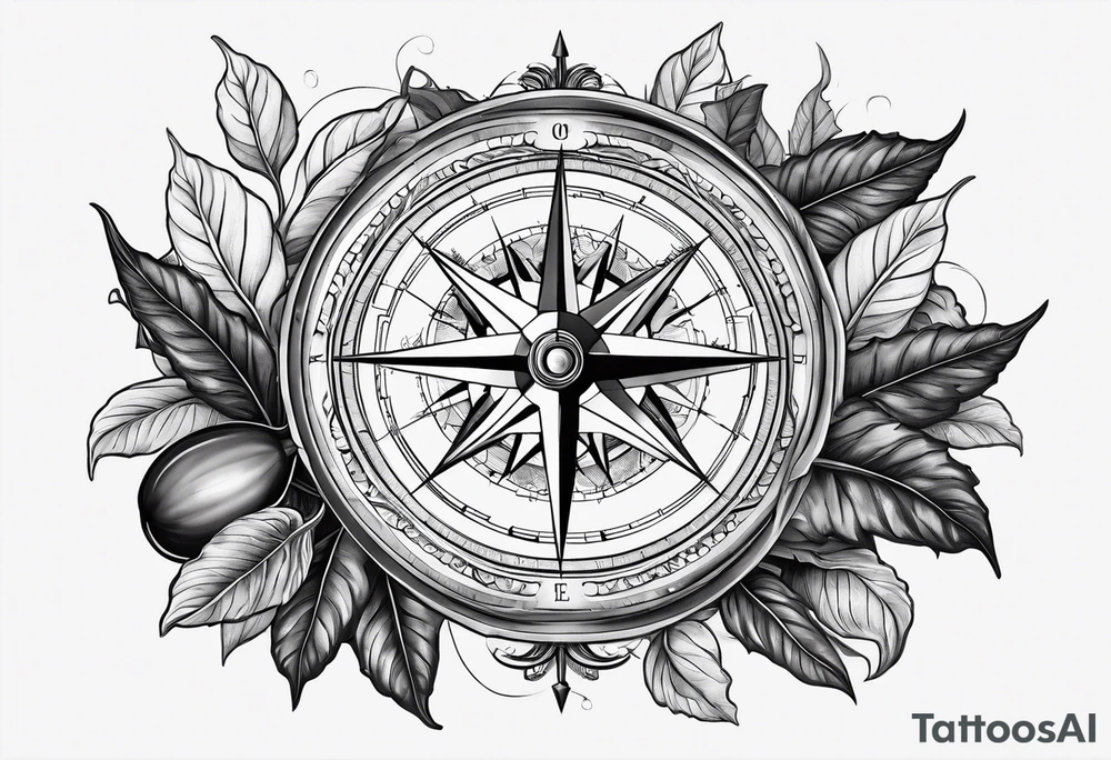 The compass is in the center, surrounded by a few eggplant leaves. tattoo idea