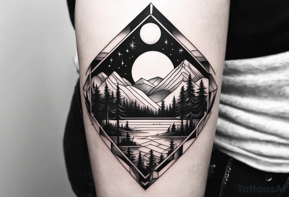 Large geometric nature tattoo with moutains, lake, forest, and a moon. tattoo idea