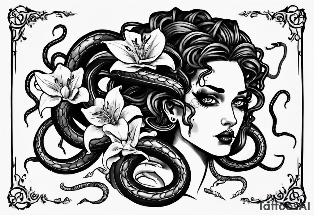 Dark/goth Medusa with white pupils and snake hair. Lilies tattoo idea