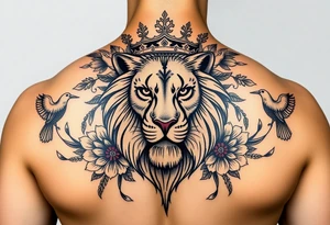powerful majestic lion with a crown, surrounded by floral ornaments and birds tattoo idea