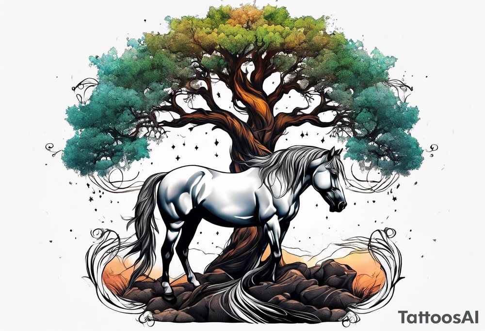 Realistic Horse and Yggdrasil tree tattoo idea