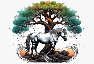 Realistic Horse and Yggdrasil tree tattoo idea