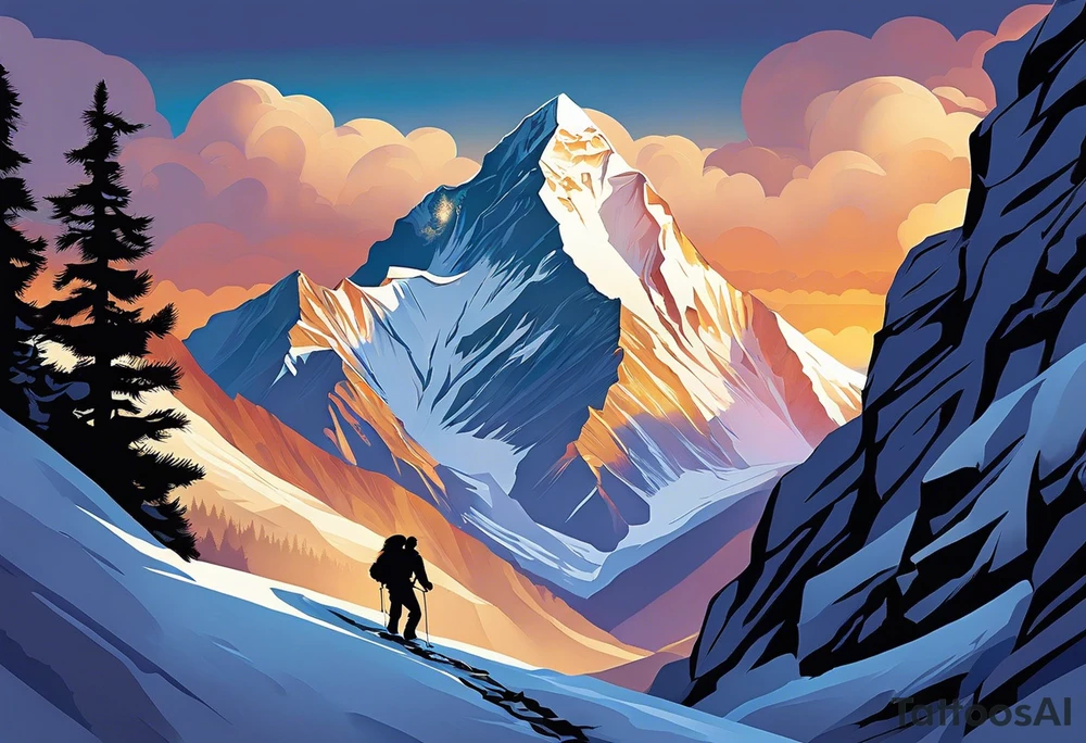 I would like a tattoo inspired by Jon Krakauer’s “Into Thin Air” that symbolizes perseverance and overcoming difficult challenges.

Elements to Include:

	1.	Mount Everest - A detailed depiction of the mountain, focusing on its iconic peak. This will represent the ultimate challenge and the setting of the book.
	2.	Climber Silhouette - A small, determined climber making their way up the mountain, symbolizing perseverance and the human spirit’s resilience.
	3.	Quotes from the Book - Integrate a quote that embodies the theme of perseverance. Consider:
	•	“Getting to the top is optional. Getting down is mandatory.”
	•	“Because it is there.”
	4.	Weather Elements - Include storm clouds, snow, and wind to represent the harsh conditions and struggles faced.
	5.	Compass or Altimeter - To signify direction and the elevation achieved through perseverance.

Design Style:

	•	I envision a realistic yet slightly abstract style, with strong lines and shading to convey the intensity of the journey.
	•	The tattoo can be either black and grey or include subtle blue tones to evoke the cold, harsh environment of Everest. tattoo idea