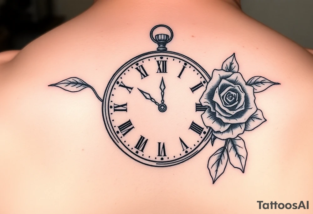 Clock showing 12:56 with rose tattoo idea