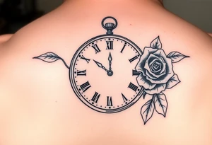 Clock showing 12:56 with rose tattoo idea
