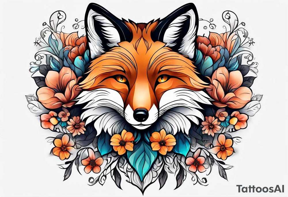 animal fox, flower tattoo idea