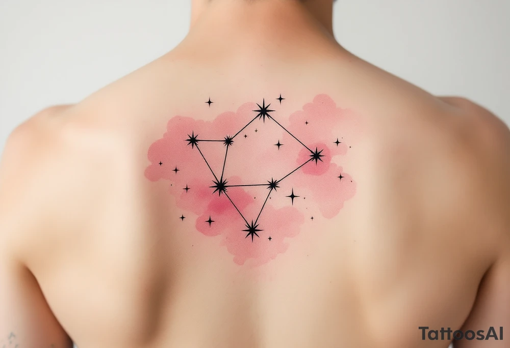 The Sagittarius star constellation drawn in crisp black ink over a faded blush-pink watercolor cloud. tattoo idea