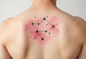The Sagittarius star constellation drawn in crisp black ink over a faded blush-pink watercolor cloud. tattoo idea